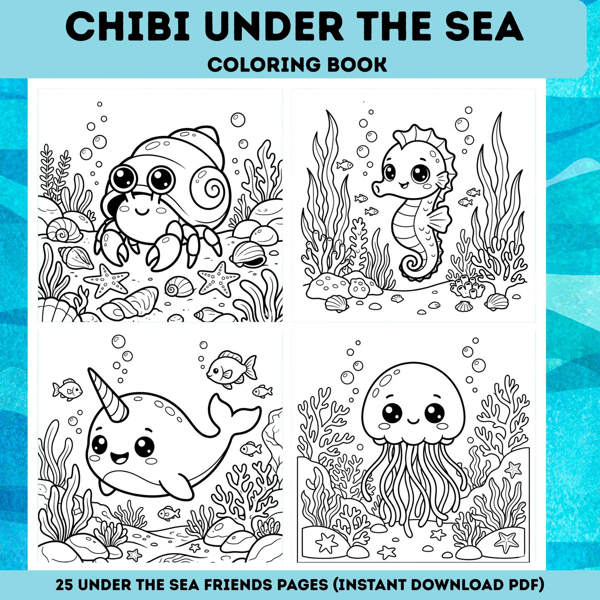 Chibi Ocean Coloring Pages | Cute Mermaid Sea Animals Coloring Book ...