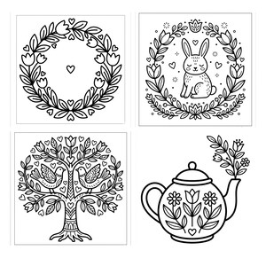 May include: A set of four black and white line art illustrations featuring a floral wreath, a rabbit centered within a floral wreath, two birds perched on a tree with heart motifs, and a teapot decorated with flowers and a sprig of leaves.