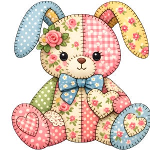 Floral Bunny Faux Patchwork PNG, Retro Easter Bunny Design, Cottagecore Gingham Spring Shirt Graphic, Sublimation File
