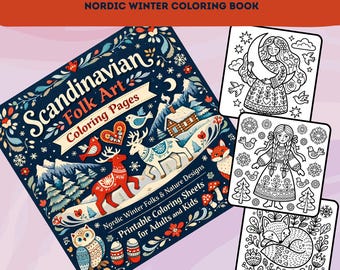 Scandi Coloring Book | Folk Art Coloring Pages | Floral & Flower Coloring | Cute Coloring Book| Printable PDF Download