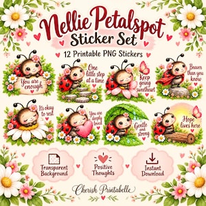 Nyckelpiga PNG-paket, 12 söta positiva citatdesigner för klistermärken, tröjor och barnrumskonst, transparent bakgrund, omedelbar digital nedladdning
