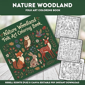 May include: A Nature Woodland Folk Art Coloring Book with a dark green cover featuring illustrations of a fox, owl, rabbit, deer, and bird among flowers and leaves. Three additional black and white coloring pages show a bird, fox, and deer.