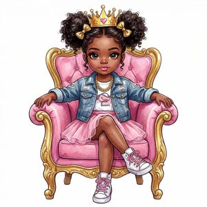May include: A young person with dark curly hair in pigtails, wearing a gold crown, a distressed denim jacket, a white t-shirt, a pink tulle skirt, and white sneakers, sitting on a pink upholstered armchair with a gold ornate wooden frame.