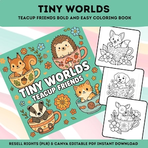 Djärva och enkla tekannadjur PLR | Vol 2 KDP Interiör | Kommersiellt bruk | Tiny World Cottagecore | Enkla tjocka linjer