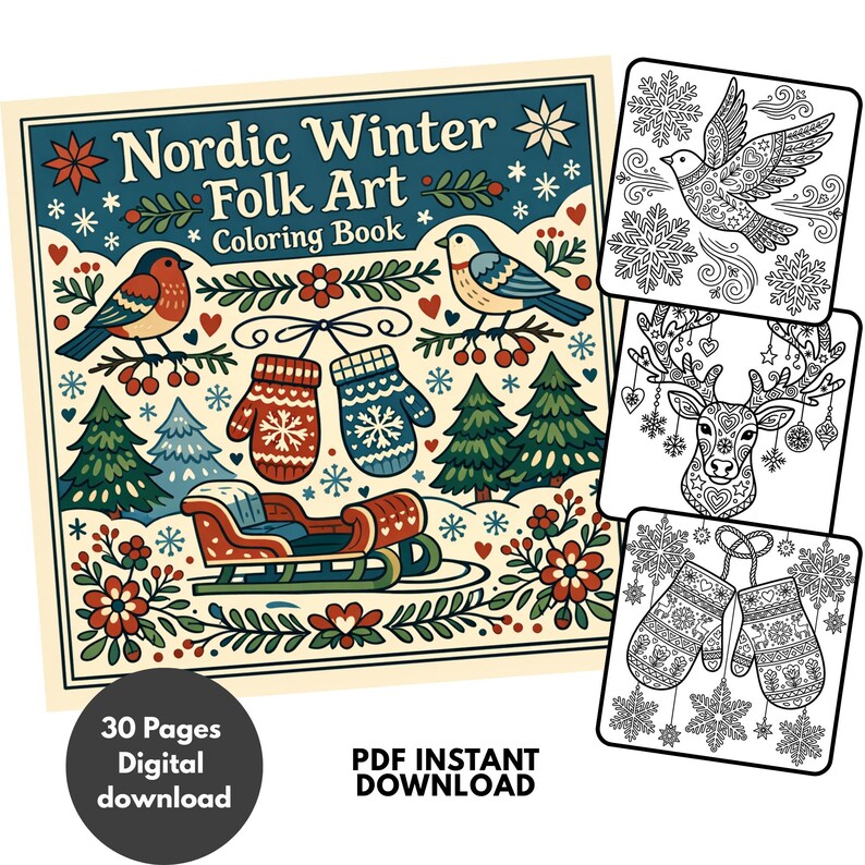 May include: A square coloring book cover titled Nordic Winter Folk Art Coloring Book featuring a red sleigh, mittens, birds, and pine trees in a cream, red, blue, and green palette. Three black and white line art pages show a bird, a deer, and mittens.