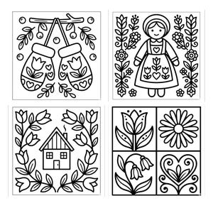 May include: A set of four square black and white line art illustrations. The first shows mittens hanging from a branch. The second depicts a person in a dress surrounded by flowers. The third features a house framed by tulips. The fourth shows four panels with flowers and a heart.