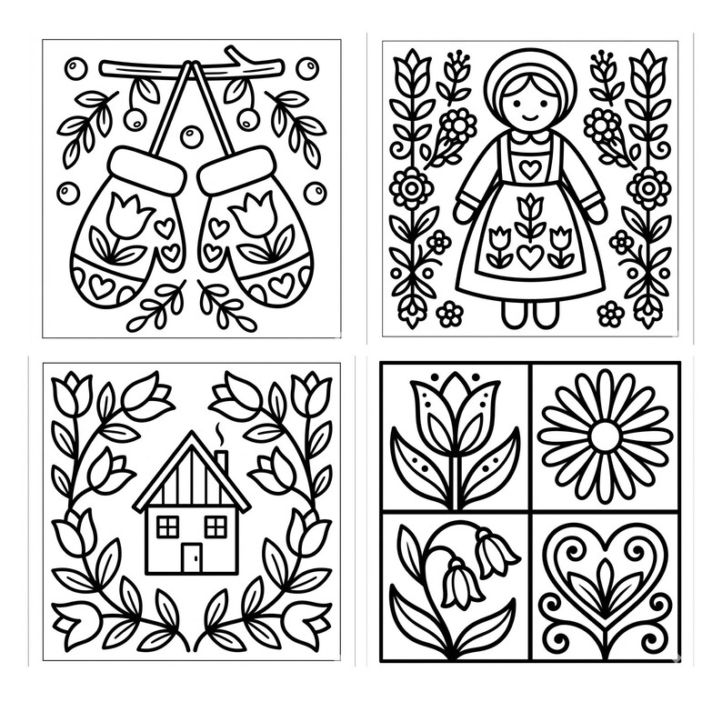 May include: A set of four square black and white line art illustrations. The first shows mittens hanging from a branch. The second depicts a person in a dress surrounded by flowers. The third features a house framed by tulips. The fourth shows four panels with flowers and a heart.