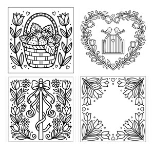 May include: A set of four black and white line art illustrations featuring floral and nature themes. The designs include a basket of strawberries, two birds perched on a gate within a heart-shaped wreath, a ribbon-tied pole, and a tulip border.