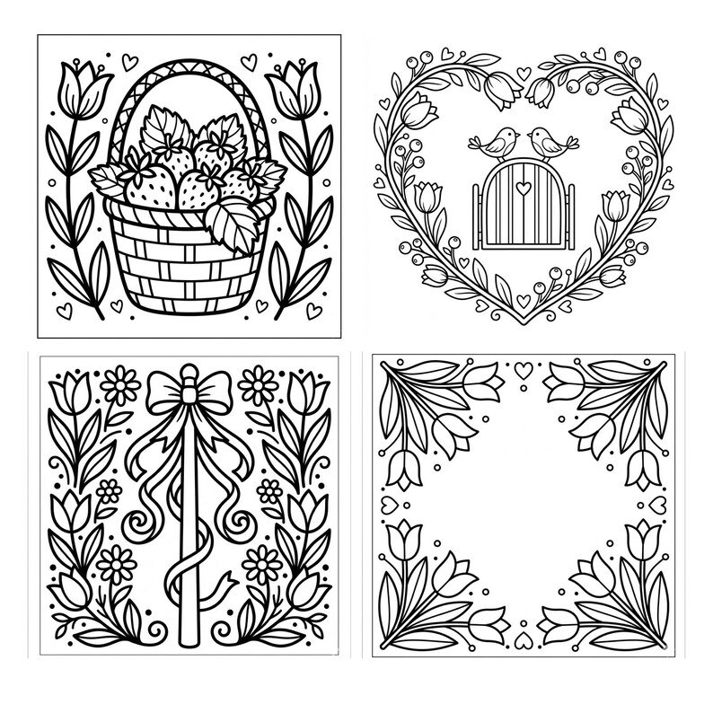 May include: A set of four black and white line art illustrations featuring floral and nature themes. The designs include a basket of strawberries, two birds perched on a gate within a heart-shaped wreath, a ribbon-tied pole, and a tulip border.