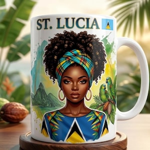 May include: White ceramic mug featuring a portrait of a woman with a head wrap, gold hoop earrings, and a blue and yellow patterned top. The mug has the text "ST. LUCIA" and a flag design. Green parrots and a cocoa pod are also depicted.
