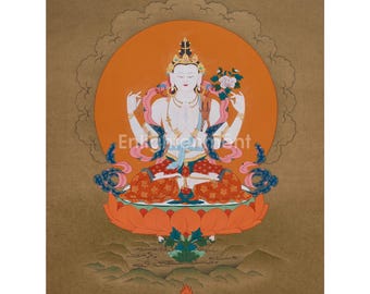 Deidad compasiva Chenrezig / Avalokiteshvara Thangka / Misericordia y protección infinitas