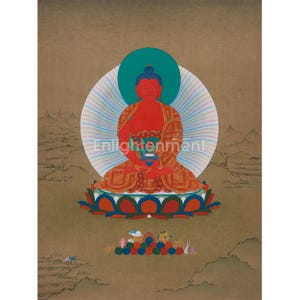 Puede incluir: Una pintura budista tradicional que presenta una figura de Buda sentado con una tez roja, vistiendo una túnica naranja y sentado sobre una flor de loto. La figura está rodeada por un halo blanco y azul, con la palabra "Enlightenment" impresa en la imagen.