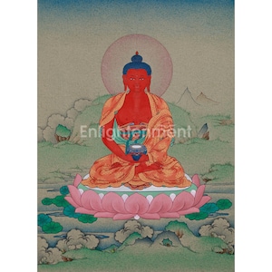 May include: A seated Buddha figure with red skin and blue hair, wearing orange robes, sits on a pink lotus flower. A blue bowl is held in the figure's hands. The background features a light blue sky, a golden halo, and green hills.