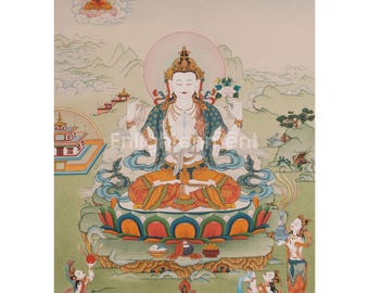 Buda de la Compasión Chenrezig Thangka / Arte Avalokiteshvara / Amitabha, Nagkanya, Seres Sintientes