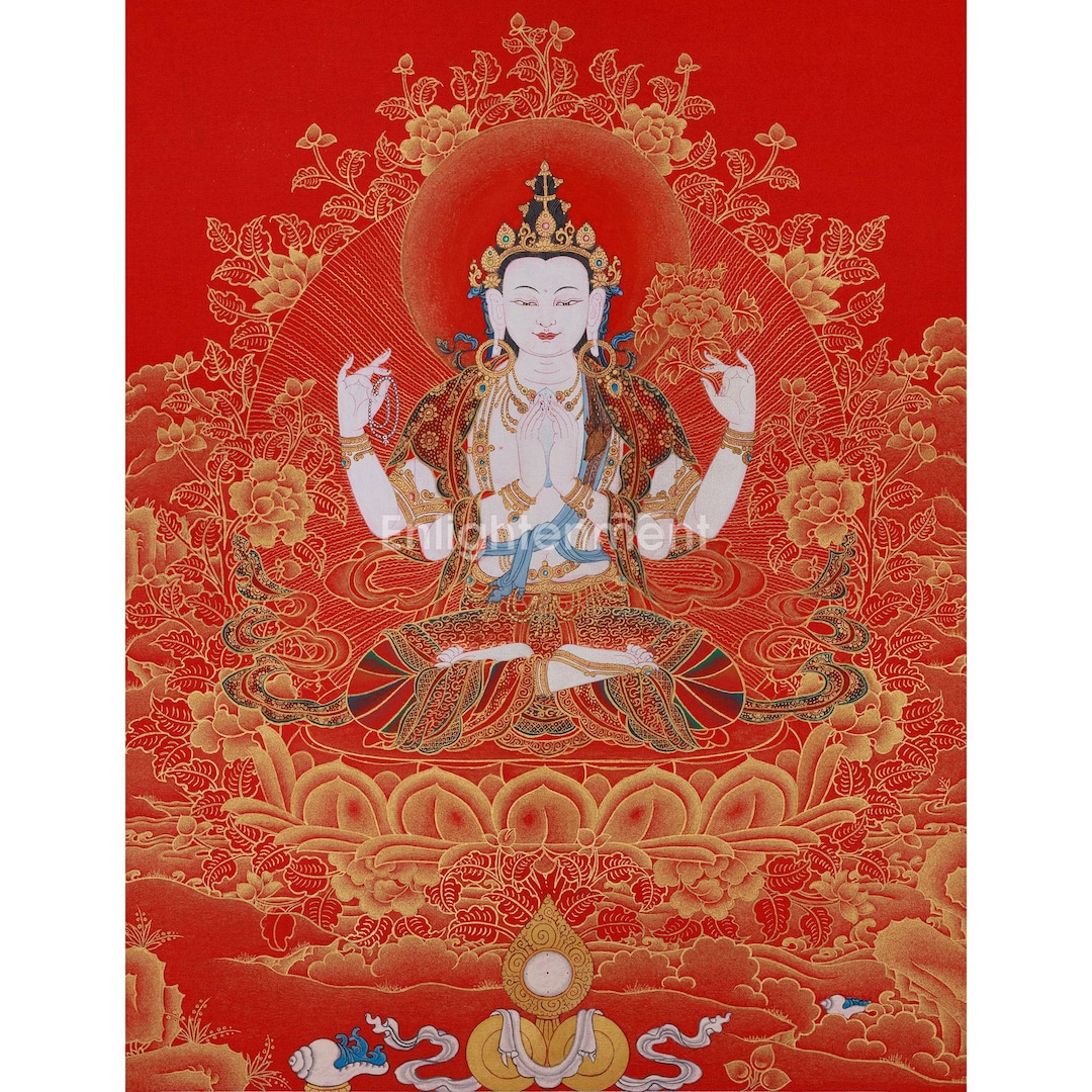 Tangka Red 4 Arms Avalokiteshvara Thangka | Red Canvas With 24K Gold | Tibetan ...