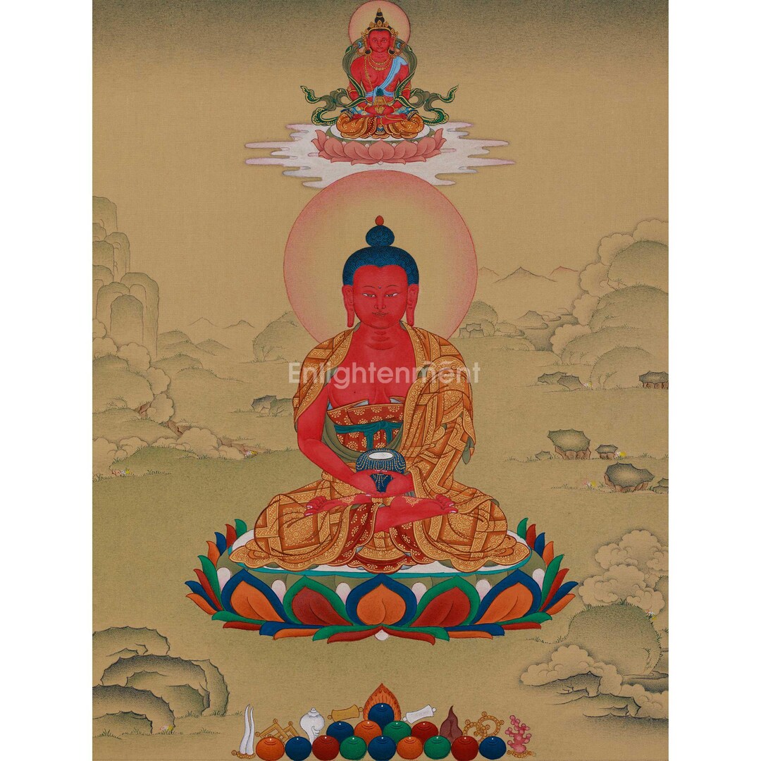 Tangka Red Meditation Amitabha Buddha Thangka | Red Buddha | Featuring Amitayus ...
