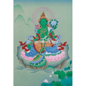 May include: A vibrant painting of a seated deity with green skin, adorned with gold jewelry and a jeweled crown. The figure is seated on a lotus flower, surrounded by blue and pink accents, with the word "Enlightenment" visible.