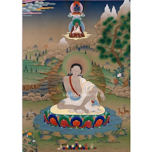 May include: A detailed painting depicting a seated figure with a halo, adorned in white and blue robes, resting on a lotus flower. The artwork features a serene landscape with mountains, trees, and figures in the background. The style is reminiscent of traditional Buddhist art.