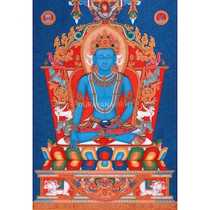 May include: A colourful painting depicting a seated blue figure adorned with jewellery and a crown, set against a blue patterned backdrop. The figure is surrounded by red and gold decorative elements, with the text "VAJRAYANAPRINT" visible.