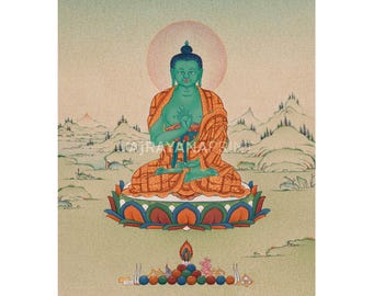 Lienzo impreso del Buda Amoghasiddhi / Valentía y sabiduría / Impresión digital / Obra de arte budista tibetana