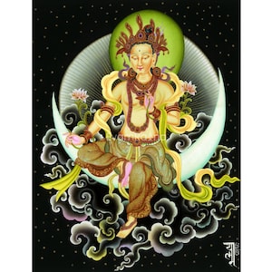 May include: A detailed illustration of a seated figure with a serene expression, adorned with ornate jewelry and a crown. The figure is positioned against a backdrop of a crescent moon and a green halo, surrounded by stylized clouds and a starry black background.