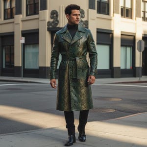 Puede incluir: Un abrigo largo verde con estampado de piel de serpiente y cinturón a juego. El abrigo tiene un diseño clásico de doble botonadura y se lleva con pantalones y botas negras. El abrigo es una pieza llamativa.