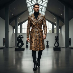 May include: A long, snakeskin-patterned coat in shades of brown and tan, with a matching belt, worn over a black turtleneck and black pants. The coat has a double-breasted design and is worn in a modern art gallery.