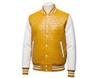 Men's Mustard Yellow Crocodile Embossed Leather Varsity Jacket, White Genuine Sleeves