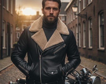Vintage Black Leather Biker Jacket with Fur Collar