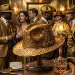 Pode incluir: Um chapéu fedora dourado com um padrão texturizado de pele de crocodilo, apresentando uma faixa a condizer com uma fivela de metal. O chapéu é exibido num suporte de madeira ao lado de uma pequena placa que diz Classic Blue Fedora, Requested.