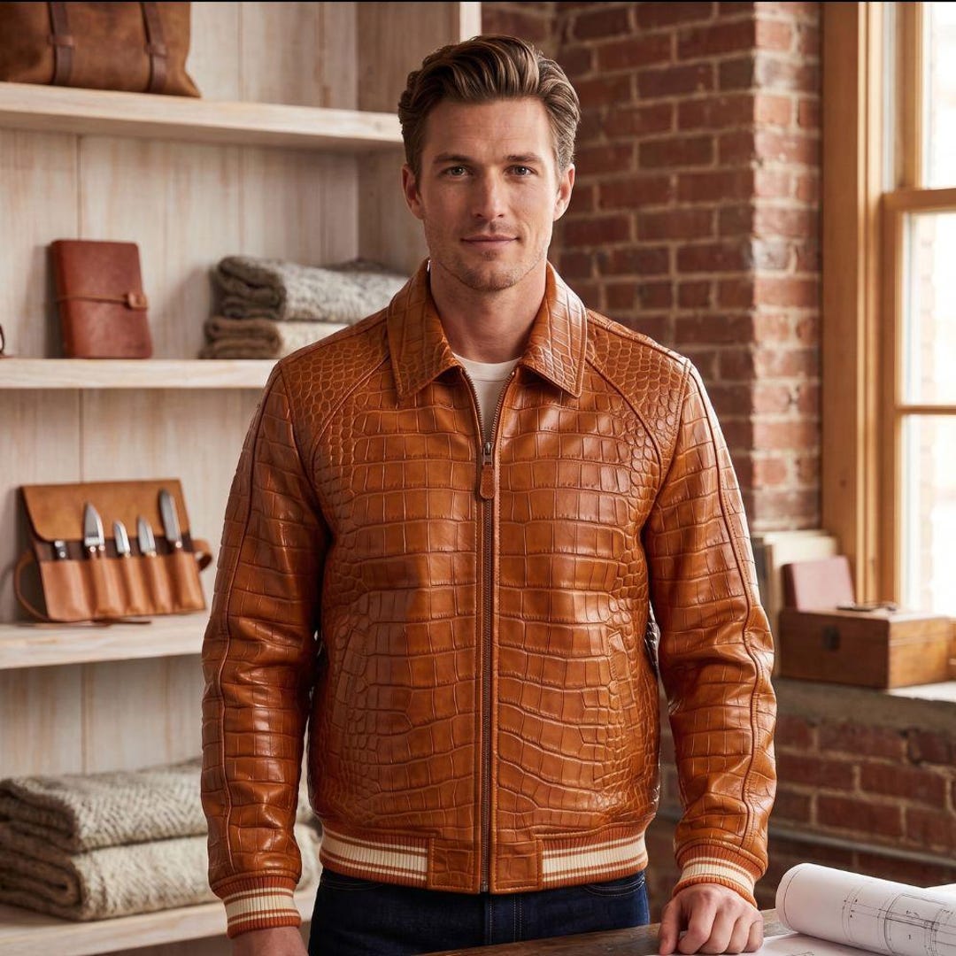 Men's Crocodile Embossed Leather Bomber Jacket – Tan Alligator