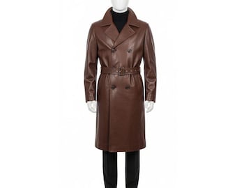 Trench coat in vera pelle marrone fatto a mano: classico cappotto invernale lungo