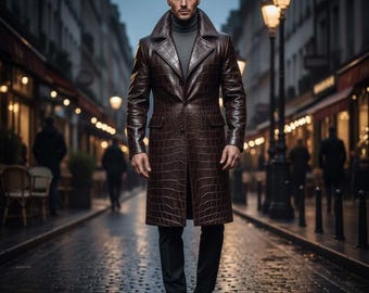 Men Crocodile Embossed Leather Trench Coat Handmade Croc Long Jacket Luxury Designer Coat Outerwear
