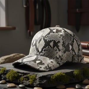 May include: A baseball cap with a snakeskin pattern in black, white, and gray. The cap has a curved brim and a metal buckle closure on the side. The hat is displayed on a dark gray stone surface with small green plants and pebbles.