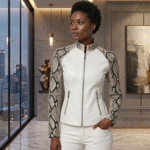 Women's White Leather Biker Jacket, Python Embossed Sleeves, Slim Fit Streetwear Coat