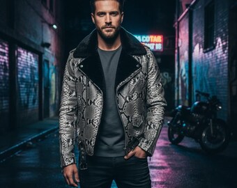Veste en cuir classique à motif serpent pour homme avec col en fourrure Streetwear de luxe en cuir véritable