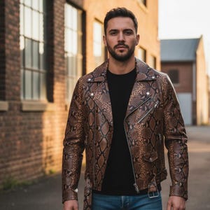 Op de afbeelding: Bruin en tan leren jas met slangenpatroon in klassieke bikerstijl. De jas heeft een reverskraag, asymmetrische ritssluiting, meerdere zakken en een riem in de taille. Gedragen over een zwart shirt.