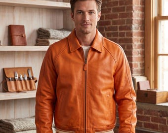 Men's Full Grain Leather Bomber Jacket – Cognac Tan Artisanal Outerwear, Classic Style Coat