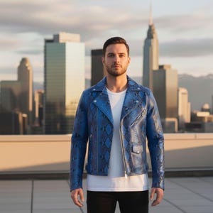 May include: A blue snakeskin-effect leather jacket with a silver zip and pockets. The jacket is worn over a white t-shirt. The background shows a cityscape with tall buildings and a sunset.