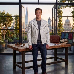 May include: A man in a white textured leather jacket, dark jeans, and a grey top. A brown leather briefcase, leather samples, and a dinosaur skull are on a wooden table. The background features a city skyline.