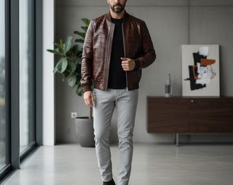 Men's Crocodile Embossed Leather Biker Jacket - Handmade
