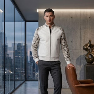 Genuine Leather Bomber Jacket, Python Print Sleeves, White Streetwear Jacket