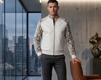 Genuine Leather Bomber Jacket, Python Print Sleeves, White Streetwear Jacket