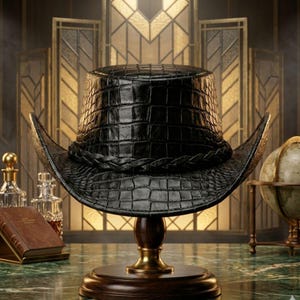 May include: A black cowboy hat featuring a textured crocodile skin pattern and a braided leather band around the crown. The hat is displayed on a dark wooden stand with a polished finish, showcasing the detailed scales and curved brim structure.
