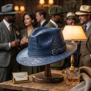 May include: A blue fedora with a textured crocodile skin pattern and a matching blue leather band featuring a silver-toned metal buckle. The hat rests on a wooden stand next to a small sign that reads Classic Blue Fedora Requested.