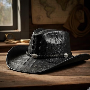 Black Hat Alligator Skin Hat Handmade Exotic Skin Hat Handmade Python Leather Cowboy Hat: Unisex Western Style