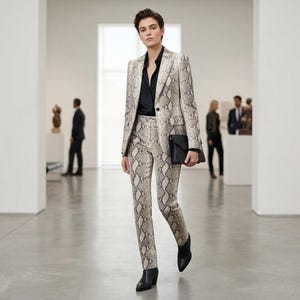 Puede incluir: Una americana entallada y pantalones a juego con un estampado de piel de serpiente en tonos gris y beige. El traje se lleva sobre una camisa negra abotonada. Se sujeta un bolso de mano de cuero negro y se usan botines negros de punta.