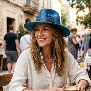 May include: A blue fedora hat with a snakeskin pattern and a black band. The hat is worn by a person in a light-colored button-down shirt. The background shows a street scene with people and buildings.