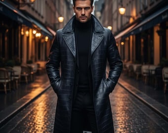 Men's Crocodile Embossed Leather Long Coat, High-End Streetwear