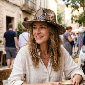 May include: A fedora-style hat with a snakeskin pattern and a dark brown leather band. The hat is worn by a person sitting at a table outdoors. The person is wearing a light-colored button-down shirt and gold necklaces.